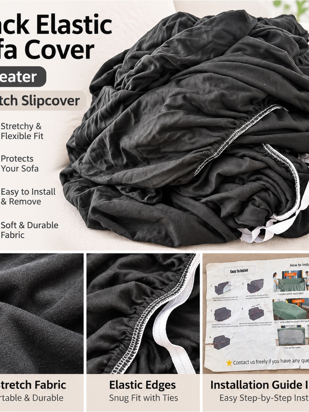 Black Elastic Sofa Cover 3-Seater Stretch Slipcover New Open Package